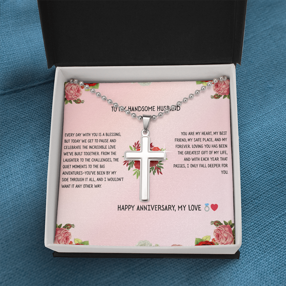 TO MY HANDSOME HUSBAND - HAPPY ANNIVERSARY - CROSS NECKLACE GIFT SET