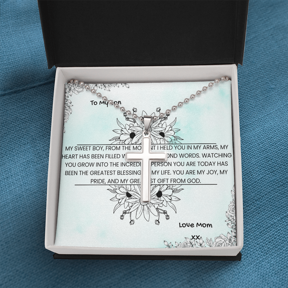TO MY SON - LOVE MOM - CROSS NECKLACE GIFT SET