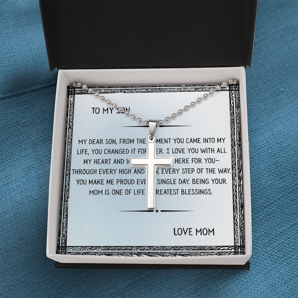 TO MY SON - LOVE MOM - CROSS NECKLACE GIFT SET