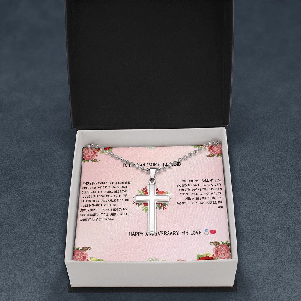 TO MY HANDSOME HUSBAND - HAPPY ANNIVERSARY - CROSS NECKLACE GIFT SET