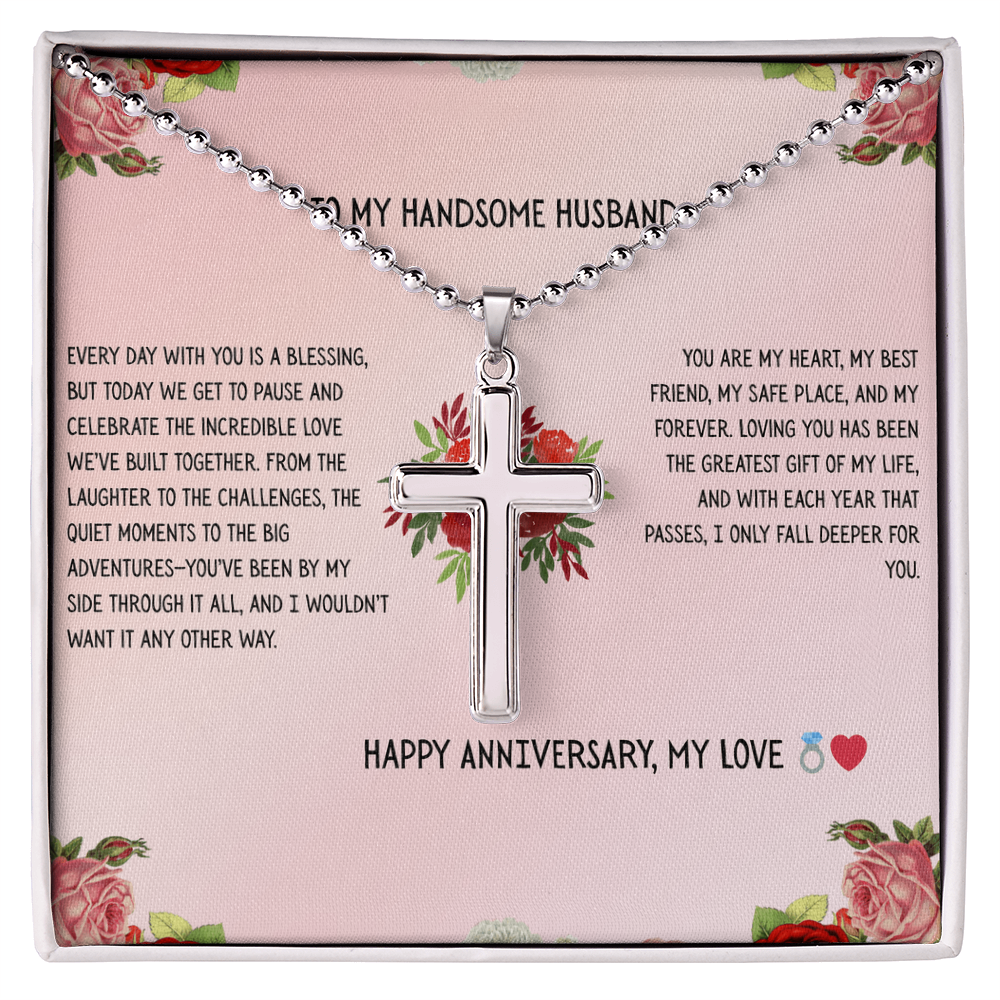 TO MY HANDSOME HUSBAND - HAPPY ANNIVERSARY - CROSS NECKLACE GIFT SET