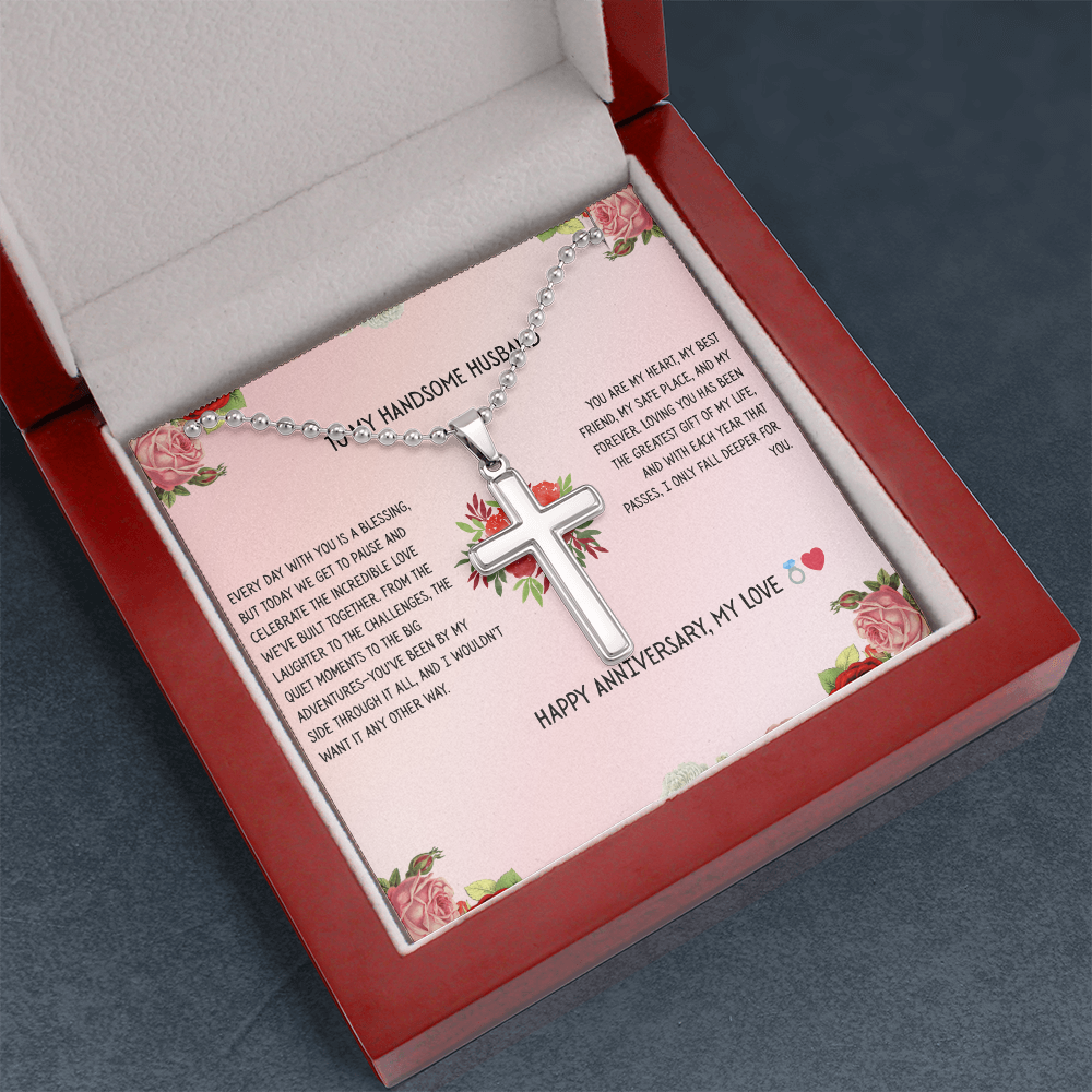 TO MY HANDSOME HUSBAND - HAPPY ANNIVERSARY - CROSS NECKLACE GIFT SET