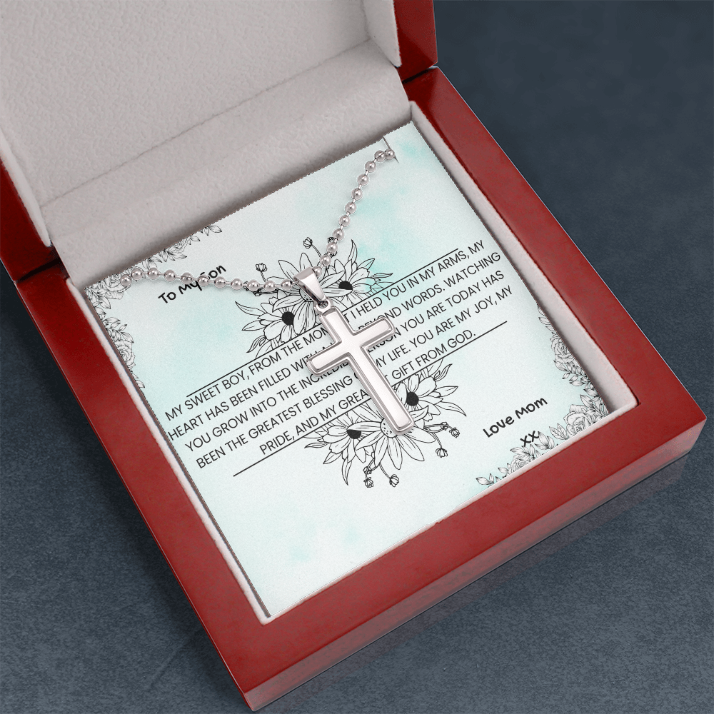 TO MY SON - LOVE MOM - CROSS NECKLACE GIFT SET
