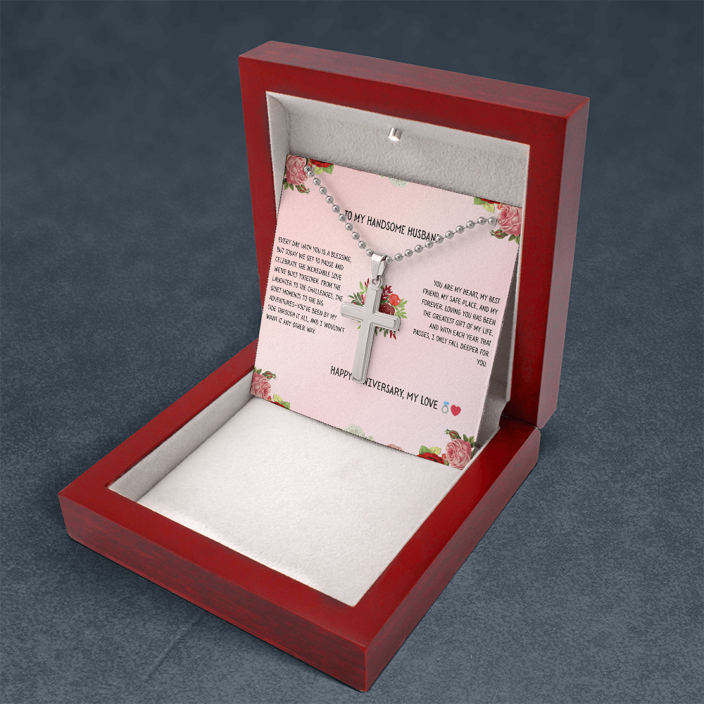 TO MY HANDSOME HUSBAND - HAPPY ANNIVERSARY - CROSS NECKLACE GIFT SET