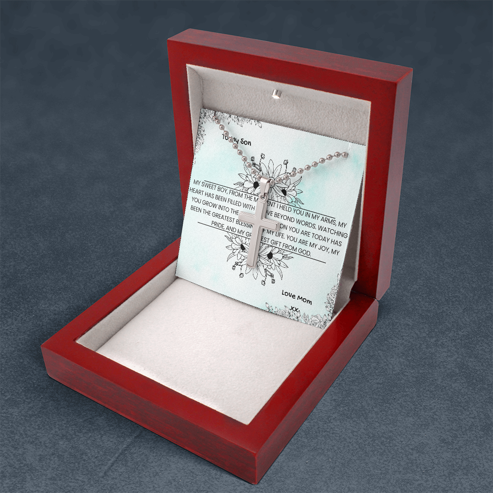 TO MY SON - LOVE MOM - CROSS NECKLACE GIFT SET