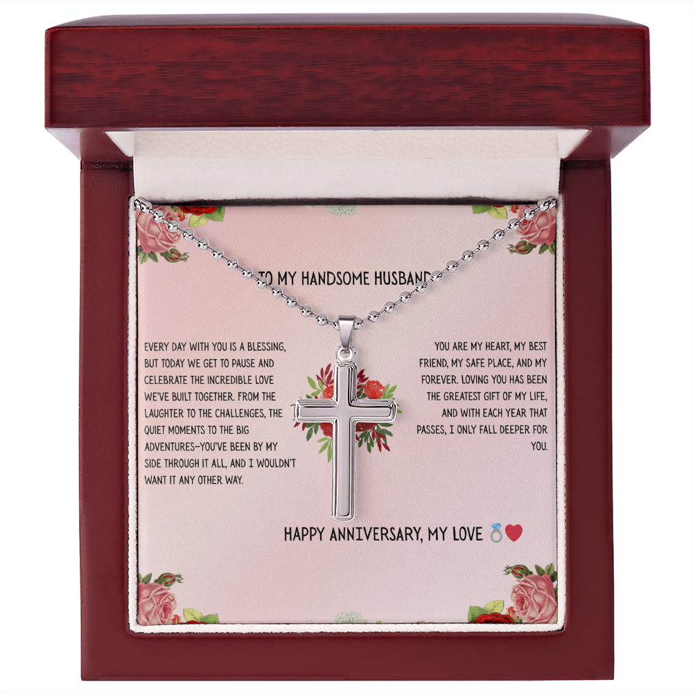 TO MY HANDSOME HUSBAND - HAPPY ANNIVERSARY - CROSS NECKLACE GIFT SET
