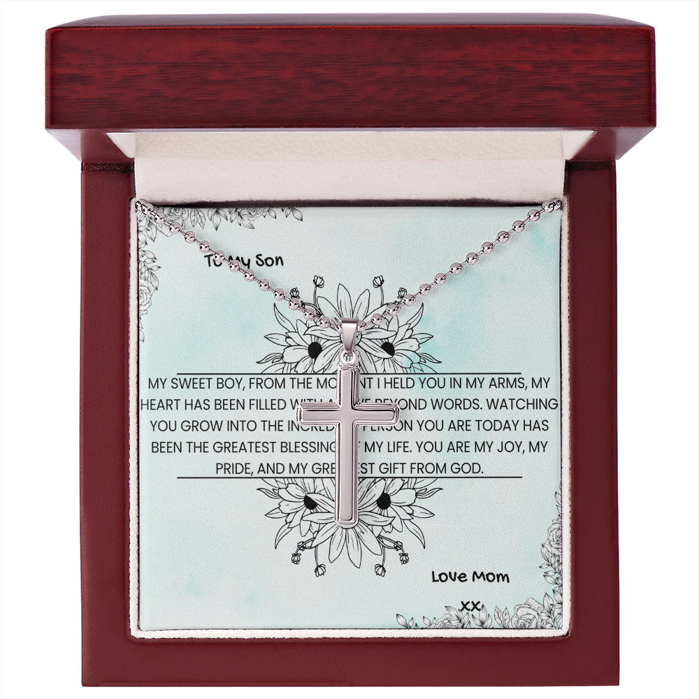 TO MY SON - LOVE MOM - CROSS NECKLACE GIFT SET