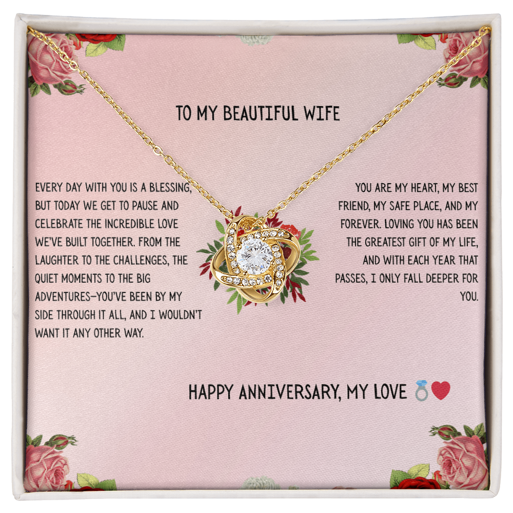 TO MY BEAUTIFUL WIFE - HAPPY ANNIVERSARY - LOVE KNOT NECKLACE GIFT SET