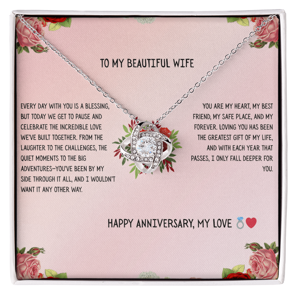 TO MY BEAUTIFUL WIFE - HAPPY ANNIVERSARY - LOVE KNOT NECKLACE GIFT SET