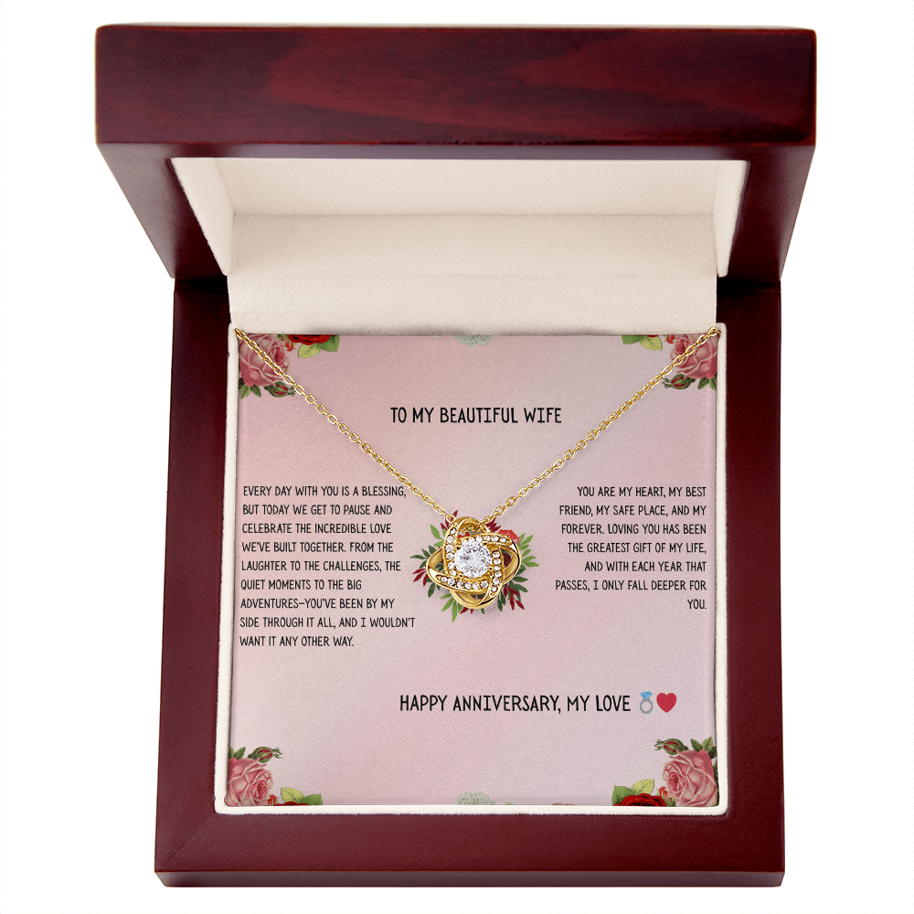 TO MY BEAUTIFUL WIFE - HAPPY ANNIVERSARY - LOVE KNOT NECKLACE GIFT SET