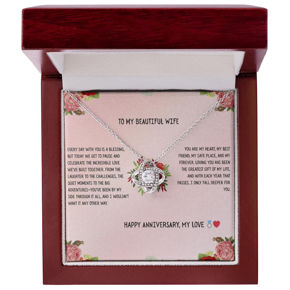 TO MY BEAUTIFUL WIFE - HAPPY ANNIVERSARY - LOVE KNOT NECKLACE GIFT SET