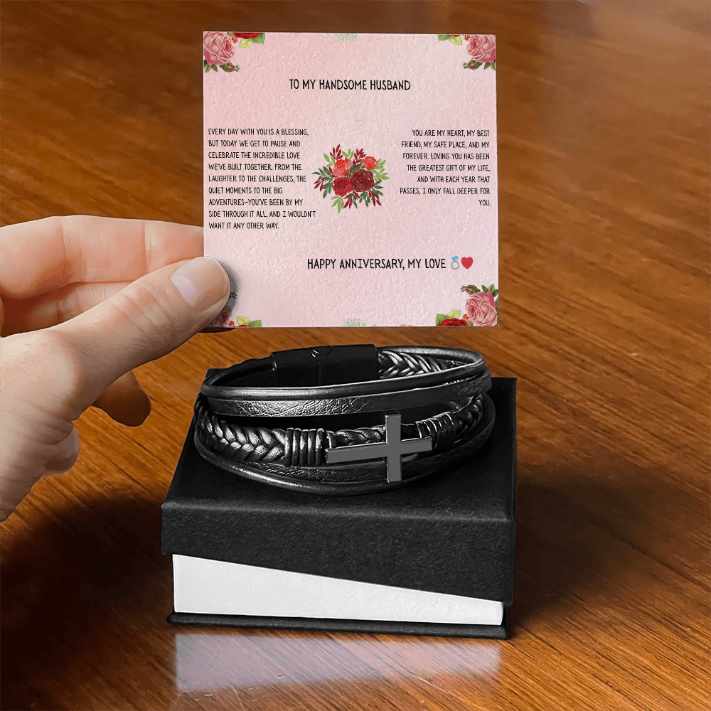 TO MY HANDSOME HUSBAND - HAPPY ANNIVERSARY - CROSS BRACELET GIFT SET