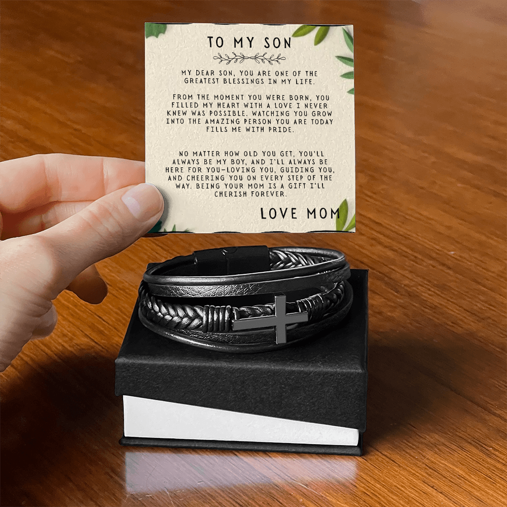 TO MY SON - LOVE MOM - CROSS BRACELET GIFT SET