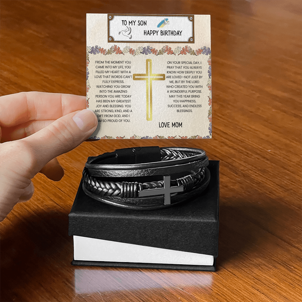 TO MY SON - HAPPY BIRTHDAY - LOVE MOM - CROSS BRACELET GIFT SET