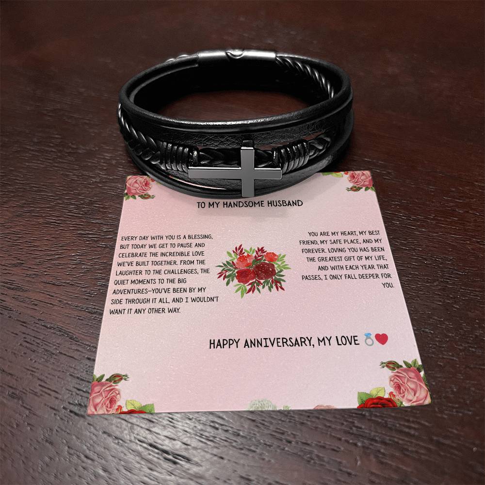 TO MY HANDSOME HUSBAND - HAPPY ANNIVERSARY - CROSS BRACELET GIFT SET