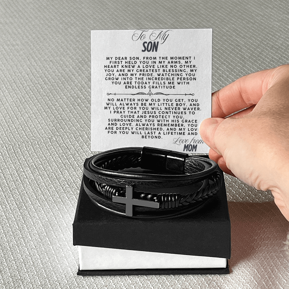 TO MY SON - LOVE MOM - CROSS BRACELET GIFT SET