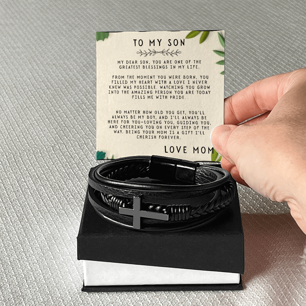 TO MY SON - LOVE MOM - CROSS BRACELET GIFT SET