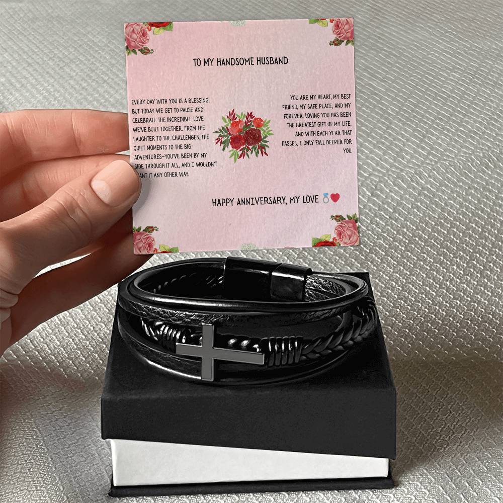 TO MY HANDSOME HUSBAND - HAPPY ANNIVERSARY - CROSS BRACELET GIFT SET