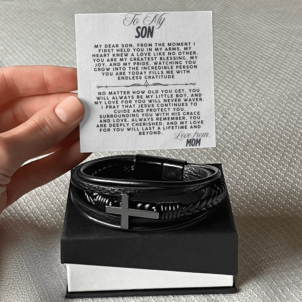 TO MY SON - LOVE MOM - CROSS BRACELET GIFT SET