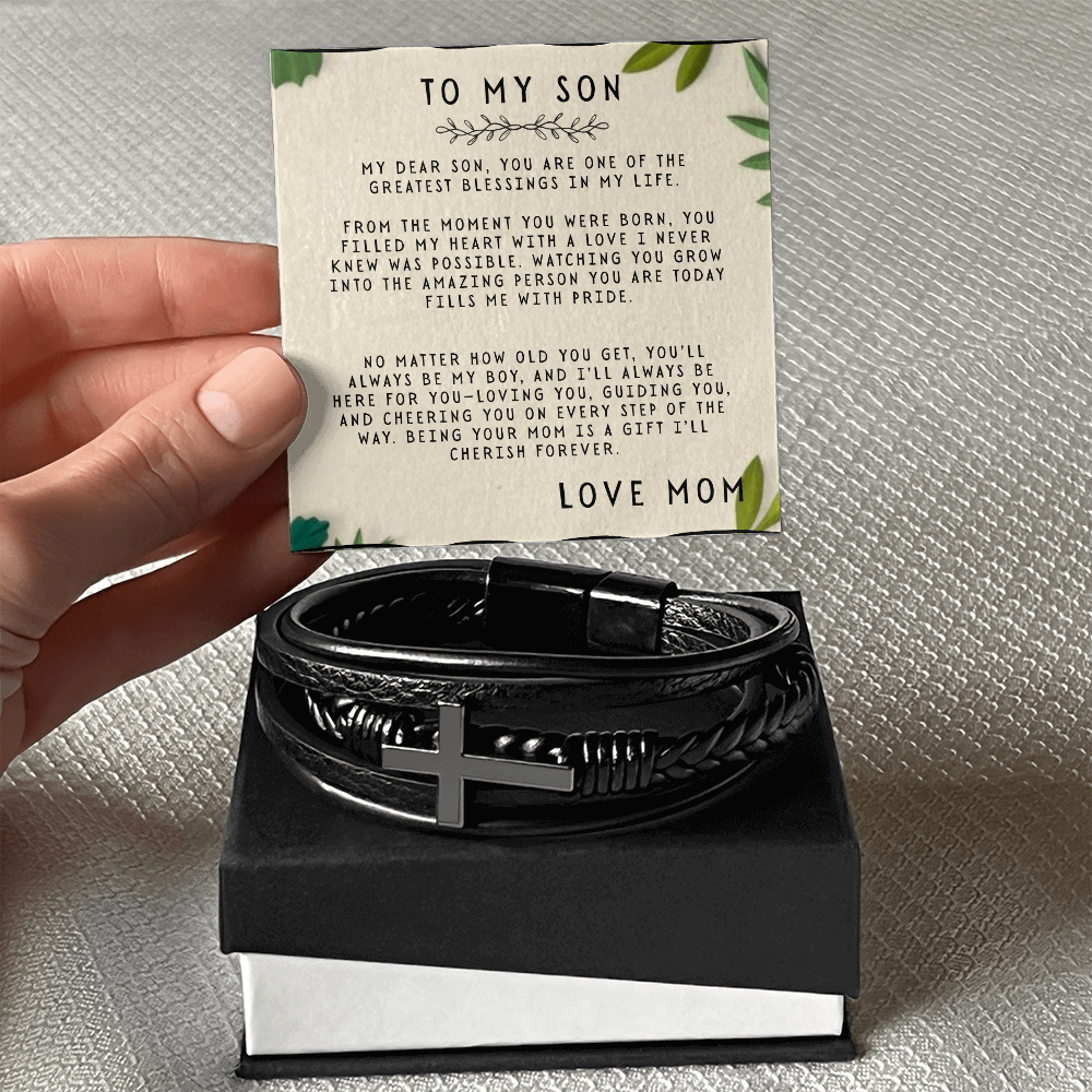 TO MY SON - LOVE MOM - CROSS BRACELET GIFT SET