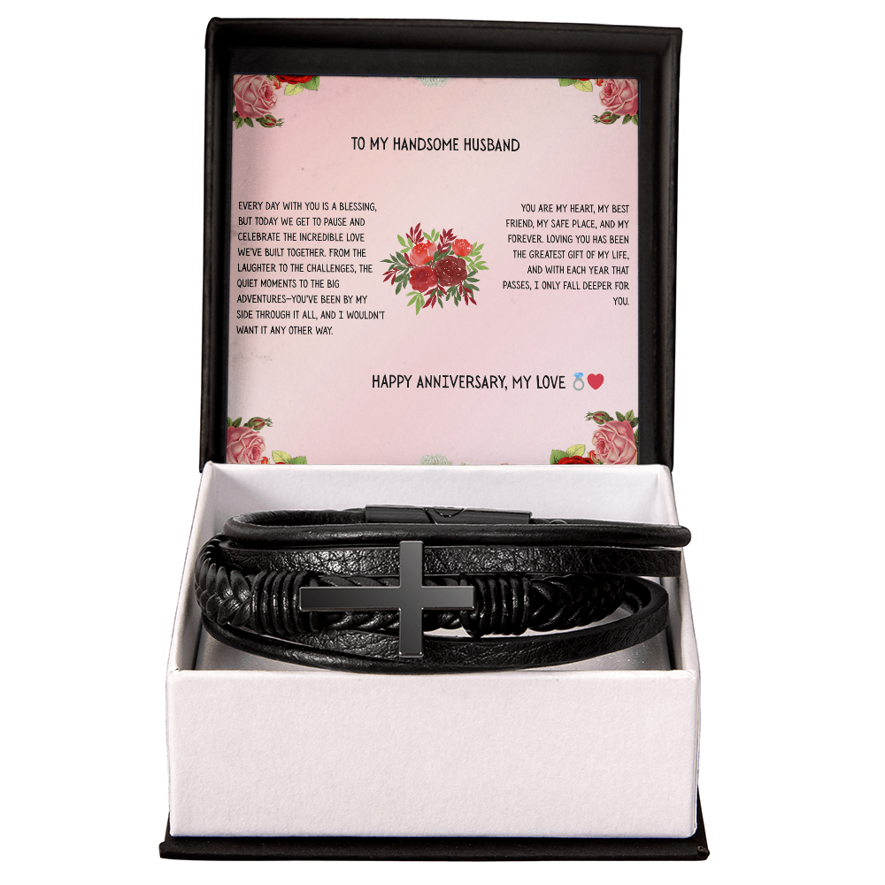 TO MY HANDSOME HUSBAND - HAPPY ANNIVERSARY - CROSS BRACELET GIFT SET