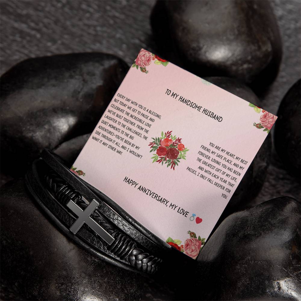 TO MY HANDSOME HUSBAND - HAPPY ANNIVERSARY - CROSS BRACELET GIFT SET