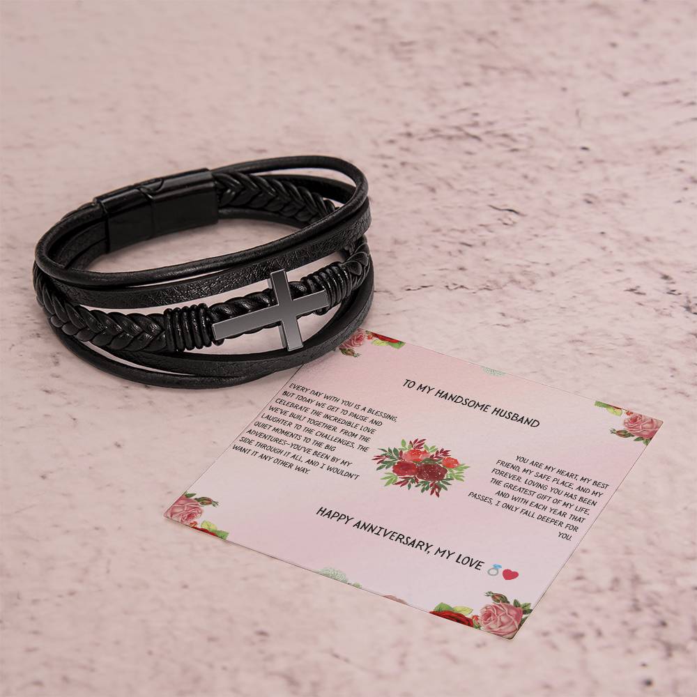 TO MY HANDSOME HUSBAND - HAPPY ANNIVERSARY - CROSS BRACELET GIFT SET