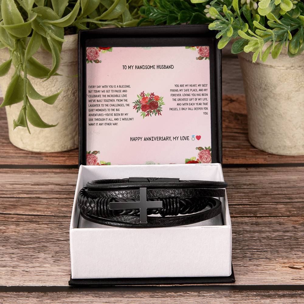 TO MY HANDSOME HUSBAND - HAPPY ANNIVERSARY - CROSS BRACELET GIFT SET