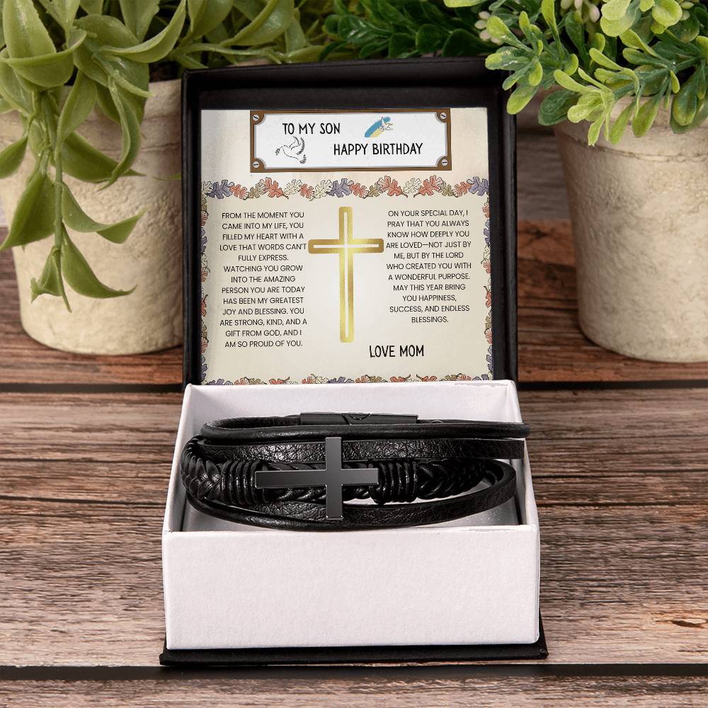 TO MY SON - HAPPY BIRTHDAY - LOVE MOM - CROSS BRACELET GIFT SET