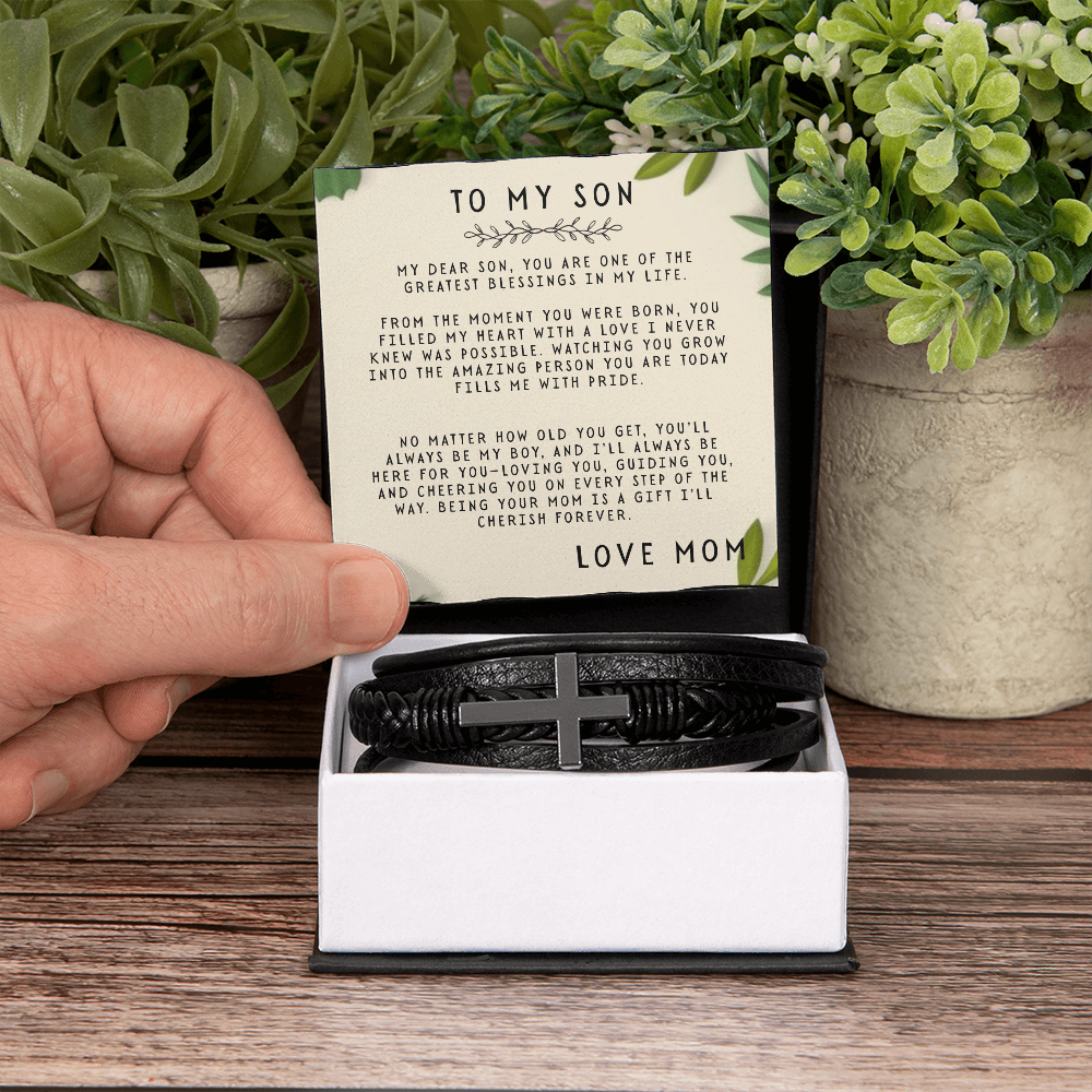 TO MY SON - LOVE MOM - CROSS BRACELET GIFT SET