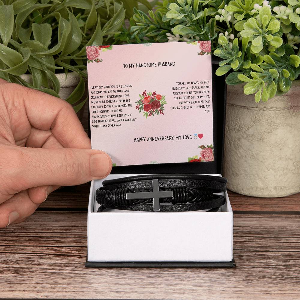 TO MY HANDSOME HUSBAND - HAPPY ANNIVERSARY - CROSS BRACELET GIFT SET