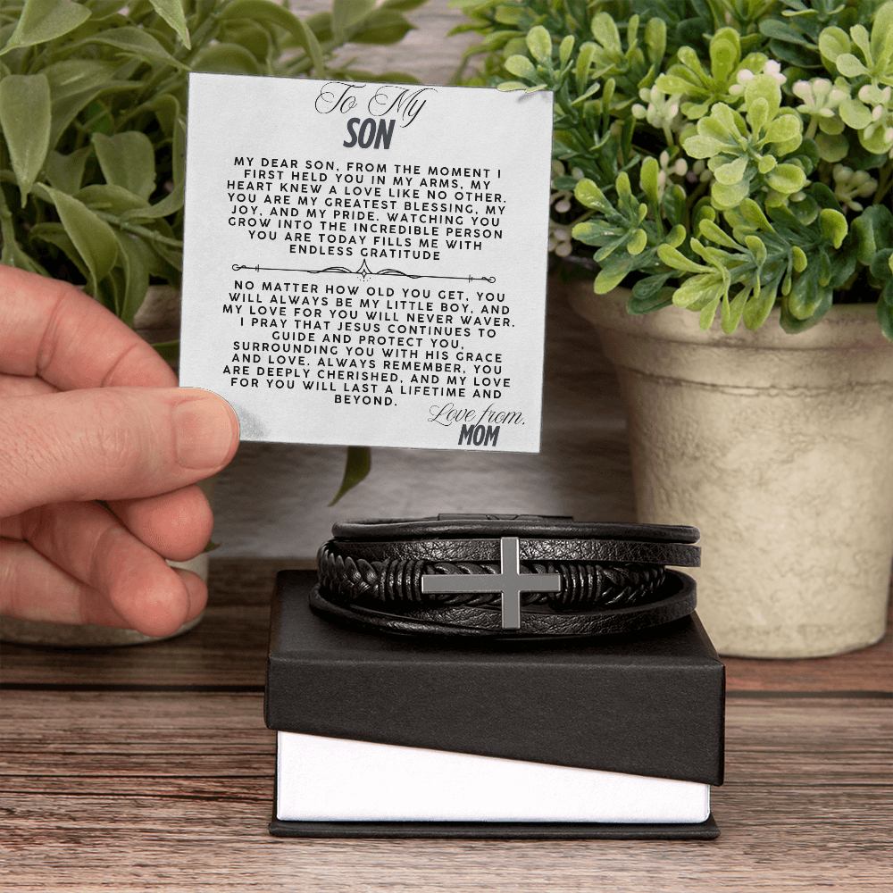 TO MY SON - LOVE MOM - CROSS BRACELET GIFT SET