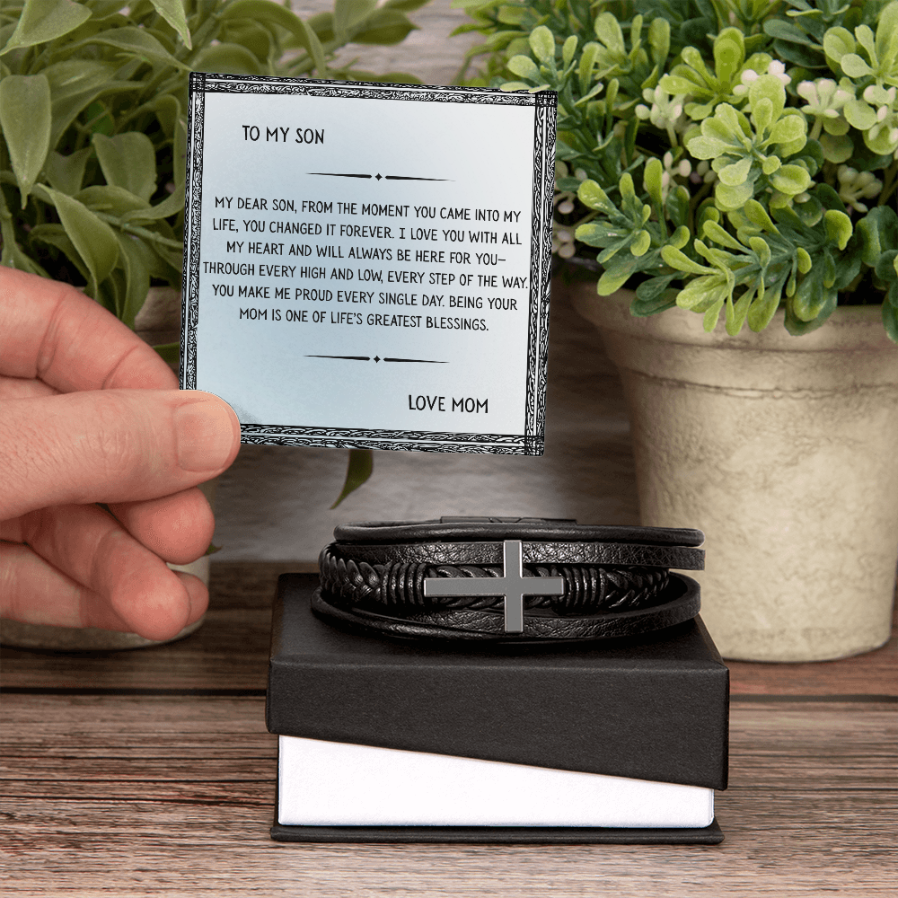 TO MY SON - LOVE MOM - CROSS BRACELET GIFT SET