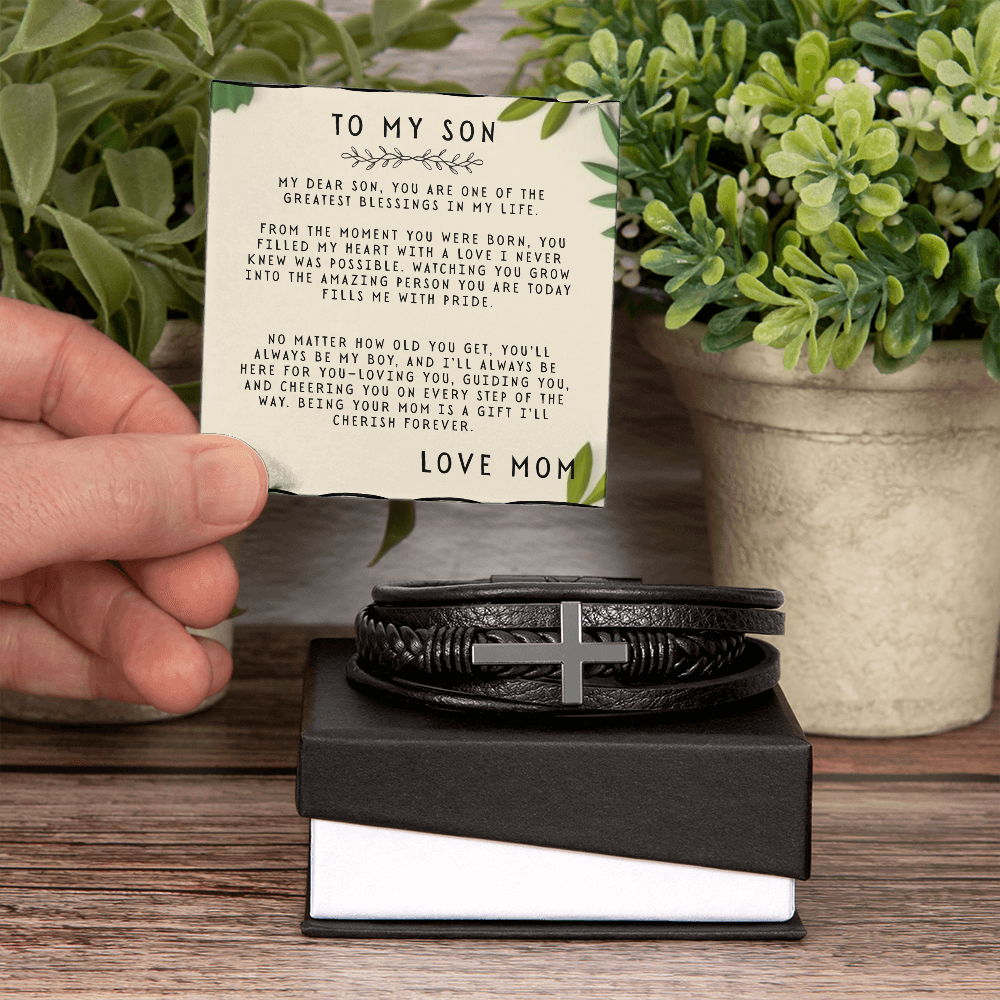 TO MY SON - LOVE MOM - CROSS BRACELET GIFT SET
