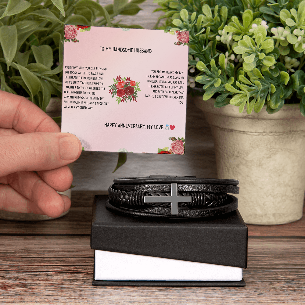 TO MY HANDSOME HUSBAND - HAPPY ANNIVERSARY - CROSS BRACELET GIFT SET