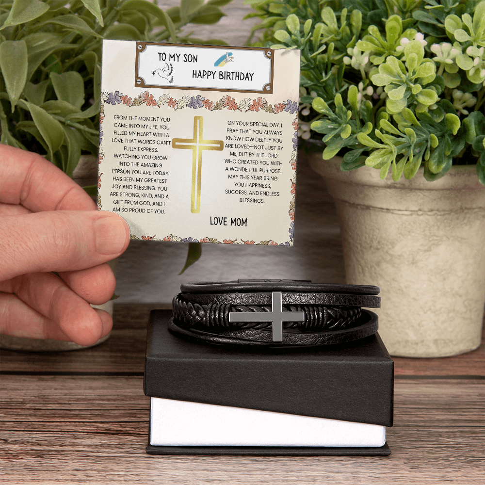 TO MY SON - HAPPY BIRTHDAY - LOVE MOM - CROSS BRACELET GIFT SET