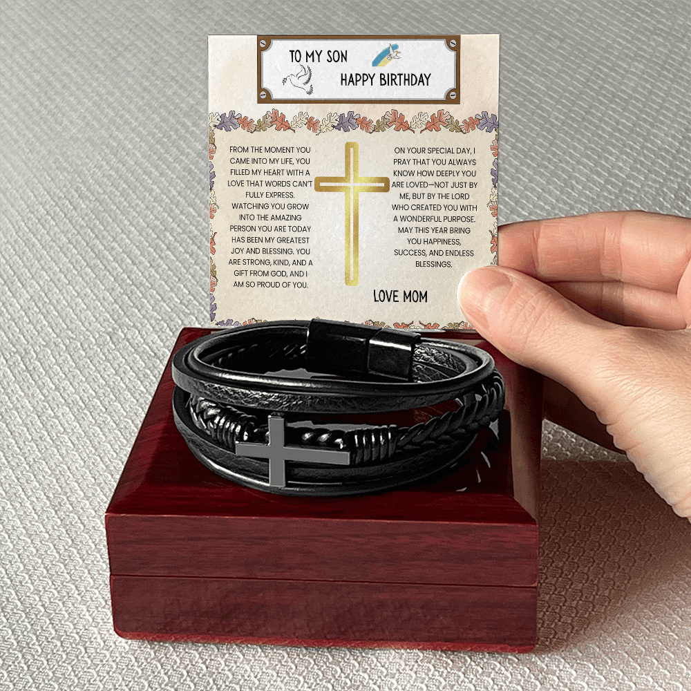 TO MY SON - HAPPY BIRTHDAY - LOVE MOM - CROSS BRACELET GIFT SET