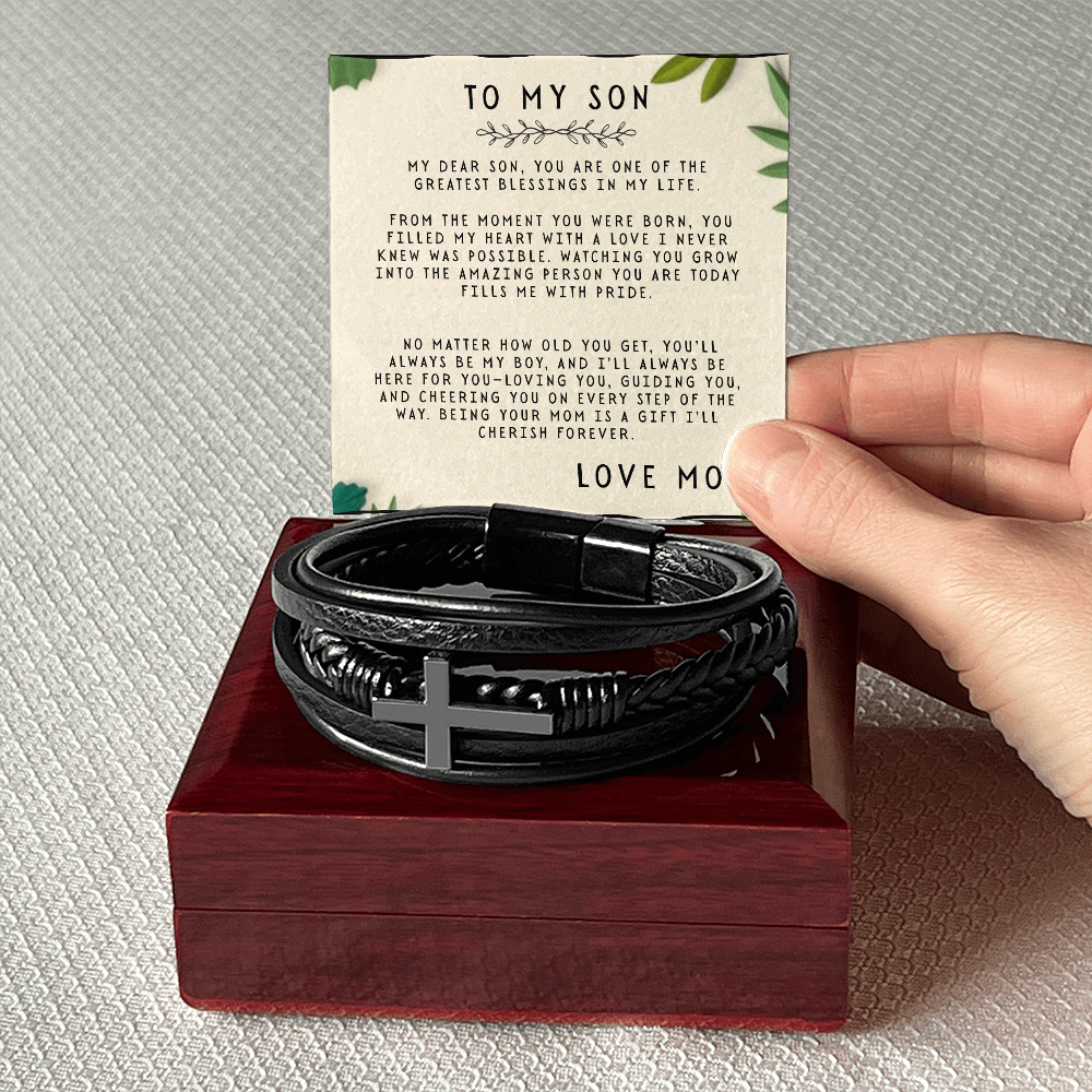 TO MY SON - LOVE MOM - CROSS BRACELET GIFT SET
