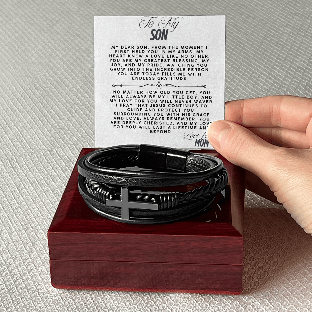 TO MY SON - LOVE MOM - CROSS BRACELET GIFT SET