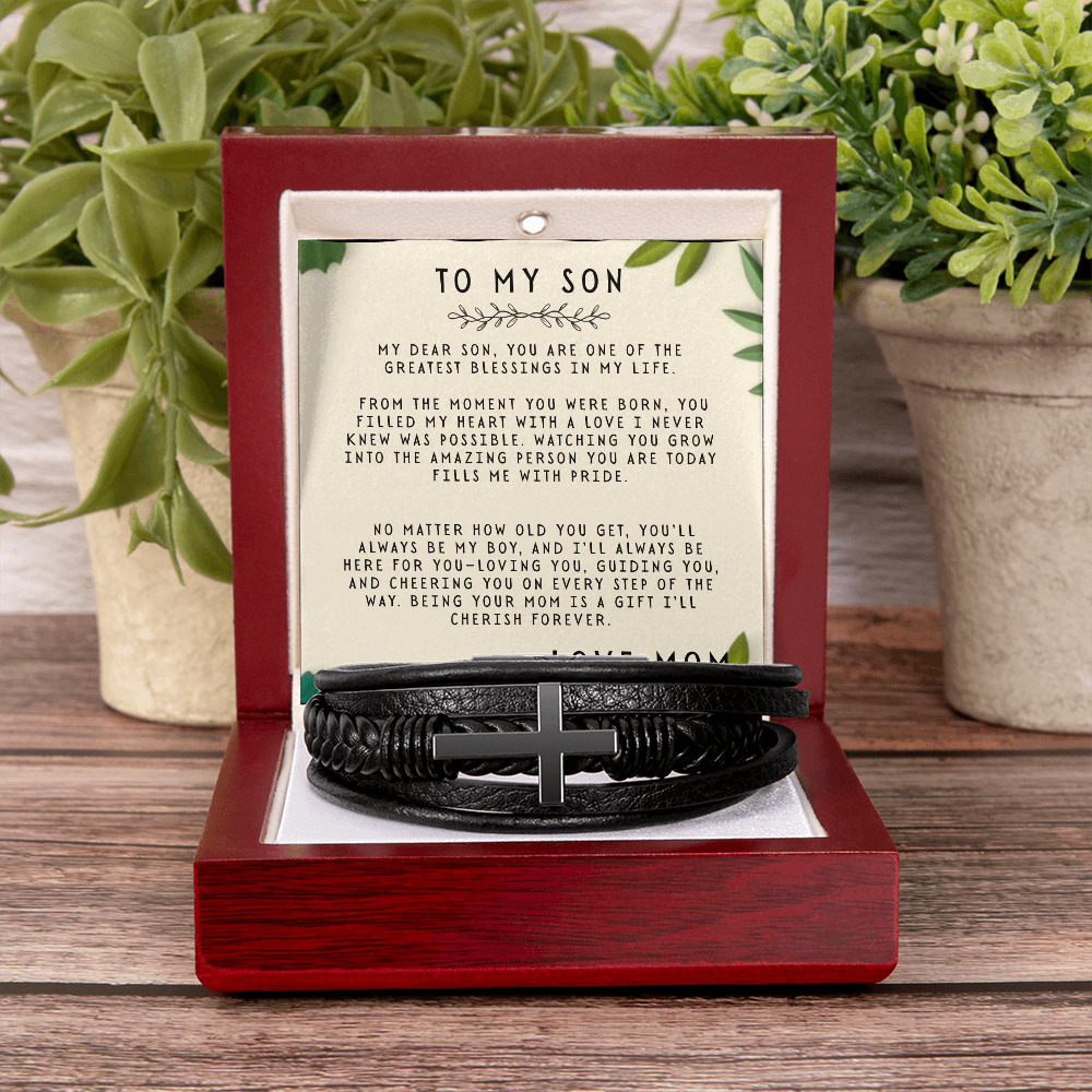 TO MY SON - LOVE MOM - CROSS BRACELET GIFT SET