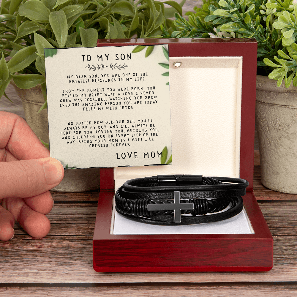 TO MY SON - LOVE MOM - CROSS BRACELET GIFT SET