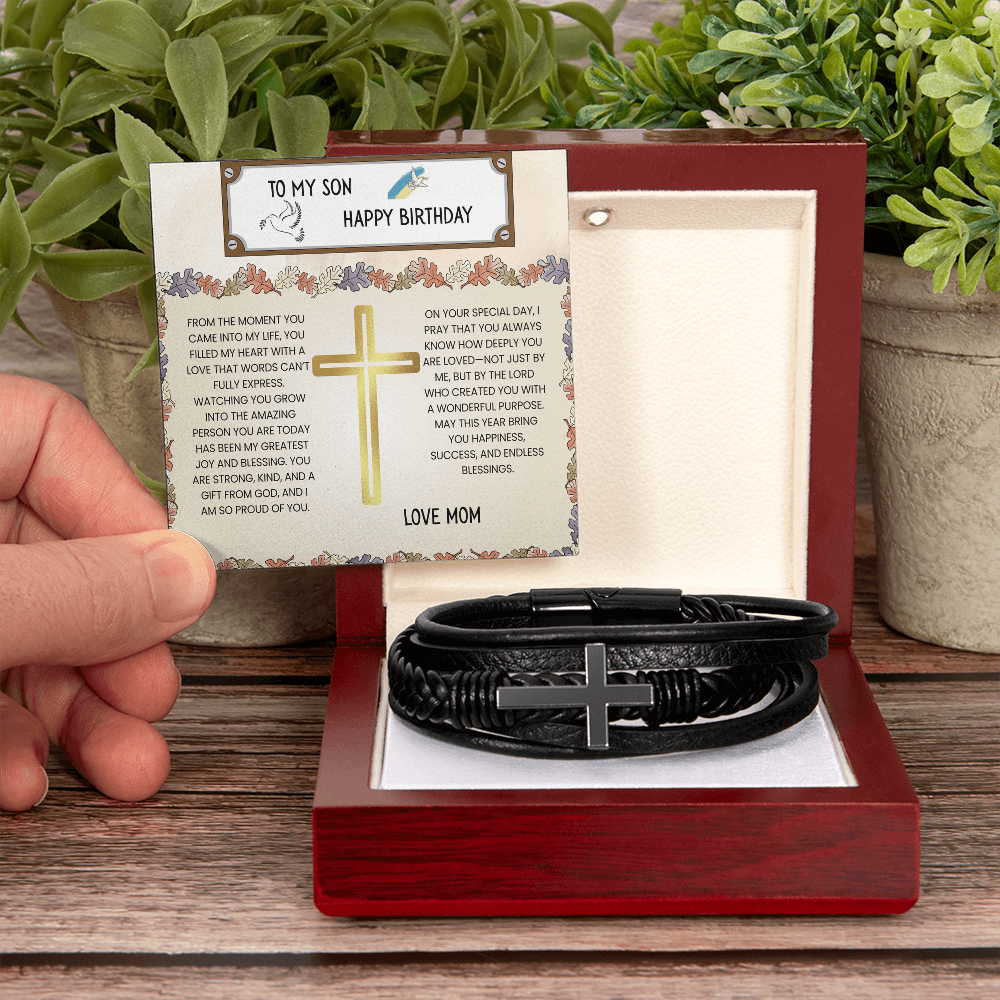 TO MY SON - HAPPY BIRTHDAY - LOVE MOM - CROSS BRACELET GIFT SET