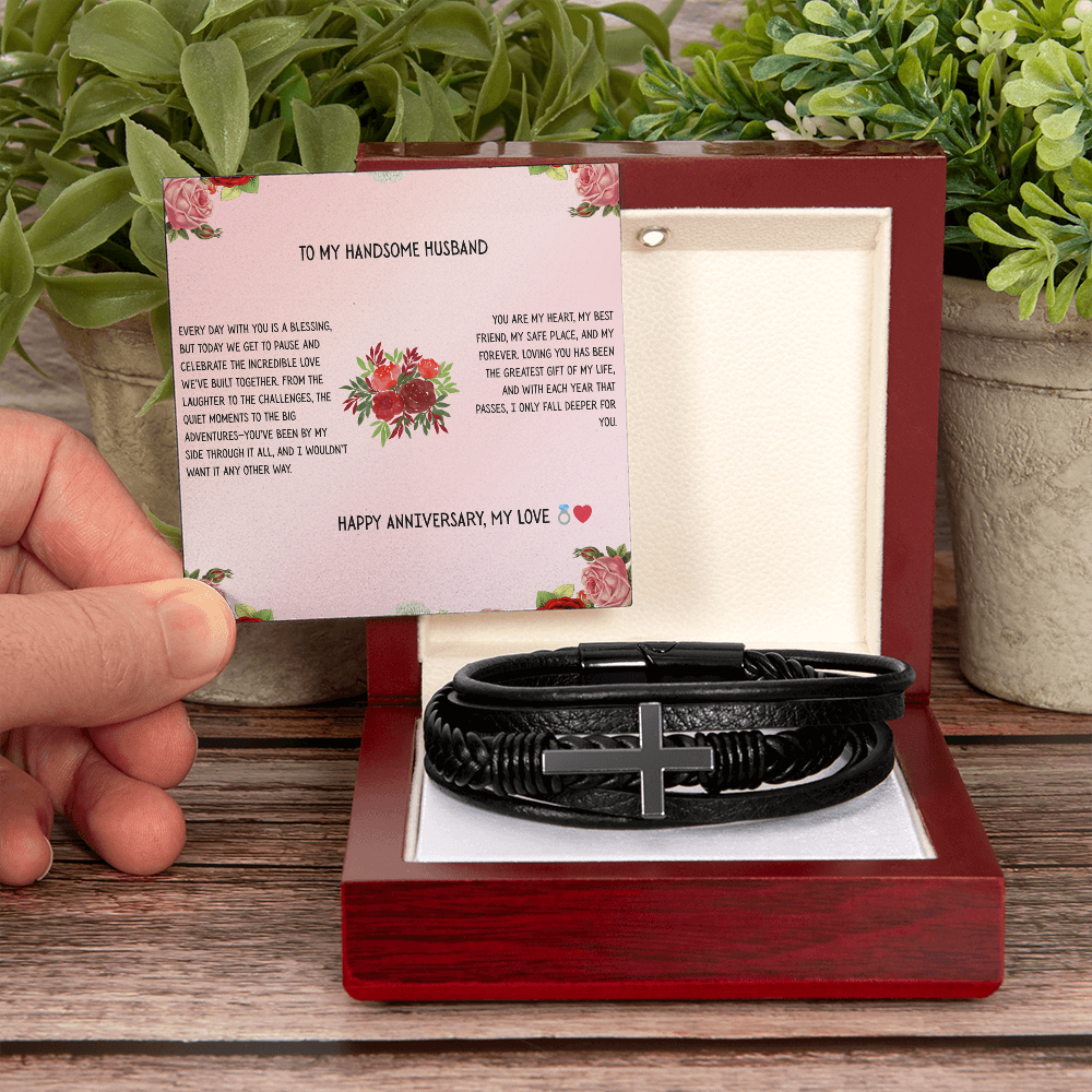TO MY HANDSOME HUSBAND - HAPPY ANNIVERSARY - CROSS BRACELET GIFT SET