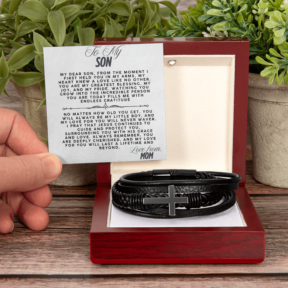 TO MY SON - LOVE MOM - CROSS BRACELET GIFT SET