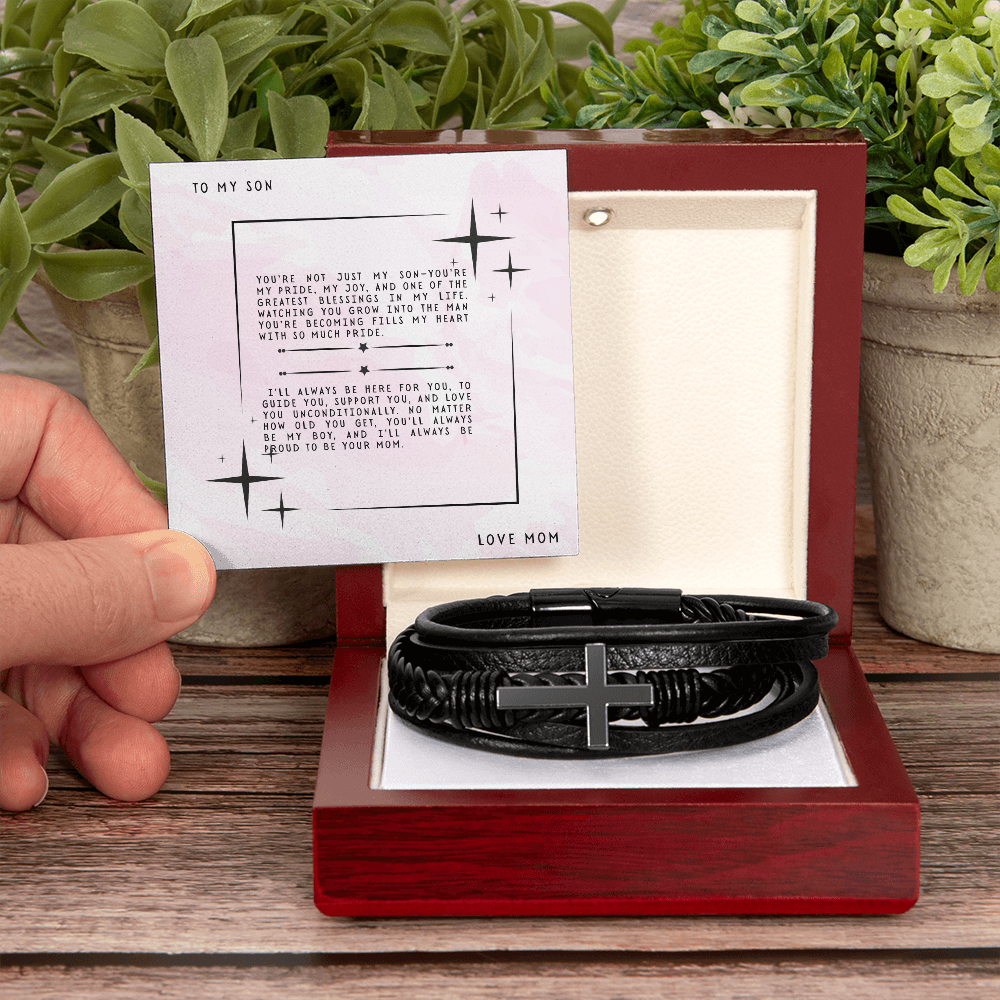 TO MY SON - LOVE MOM - CROSS BRACELET GIFT SET
