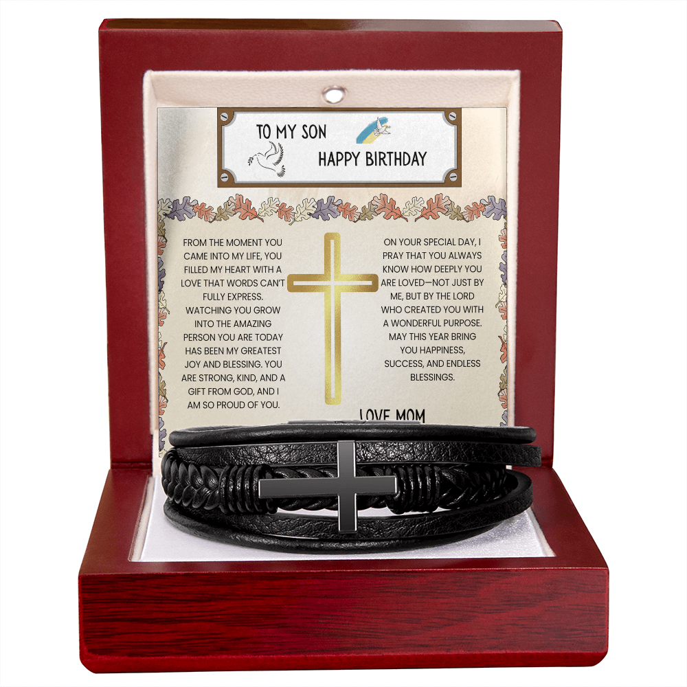 TO MY SON - HAPPY BIRTHDAY - LOVE MOM - CROSS BRACELET GIFT SET