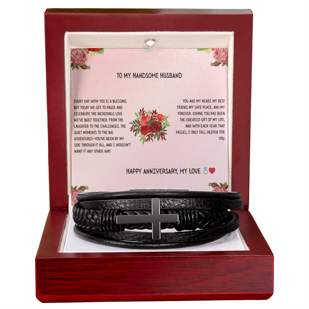 TO MY HANDSOME HUSBAND - HAPPY ANNIVERSARY - CROSS BRACELET GIFT SET