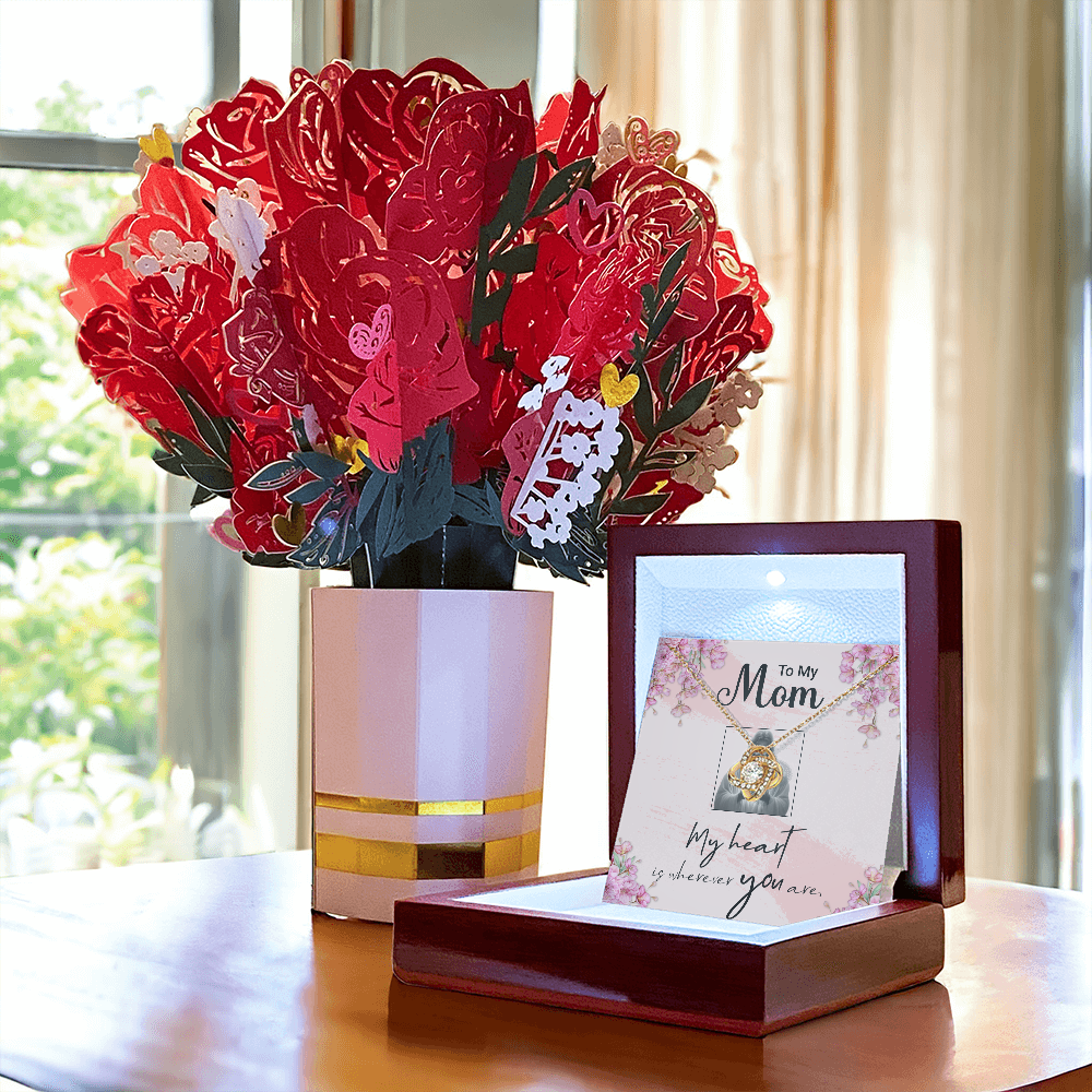 TO MY MOM - MY HEART IS WHEREVER YOU ARE - LOVE KNOT NECKLACE & BOUQUET GIFT BUNDLE
